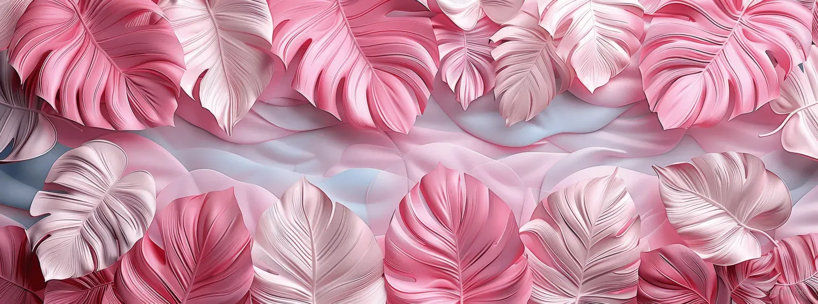 Pink and white monstera leaves rendered in layered 3D form a dense abstract floral background.