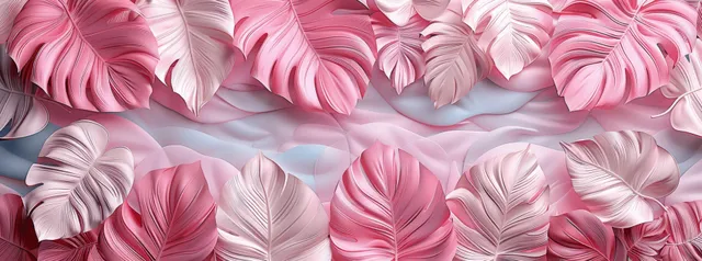 Pink and white monstera leaves rendered in layered 3D form a dense abstract floral background.