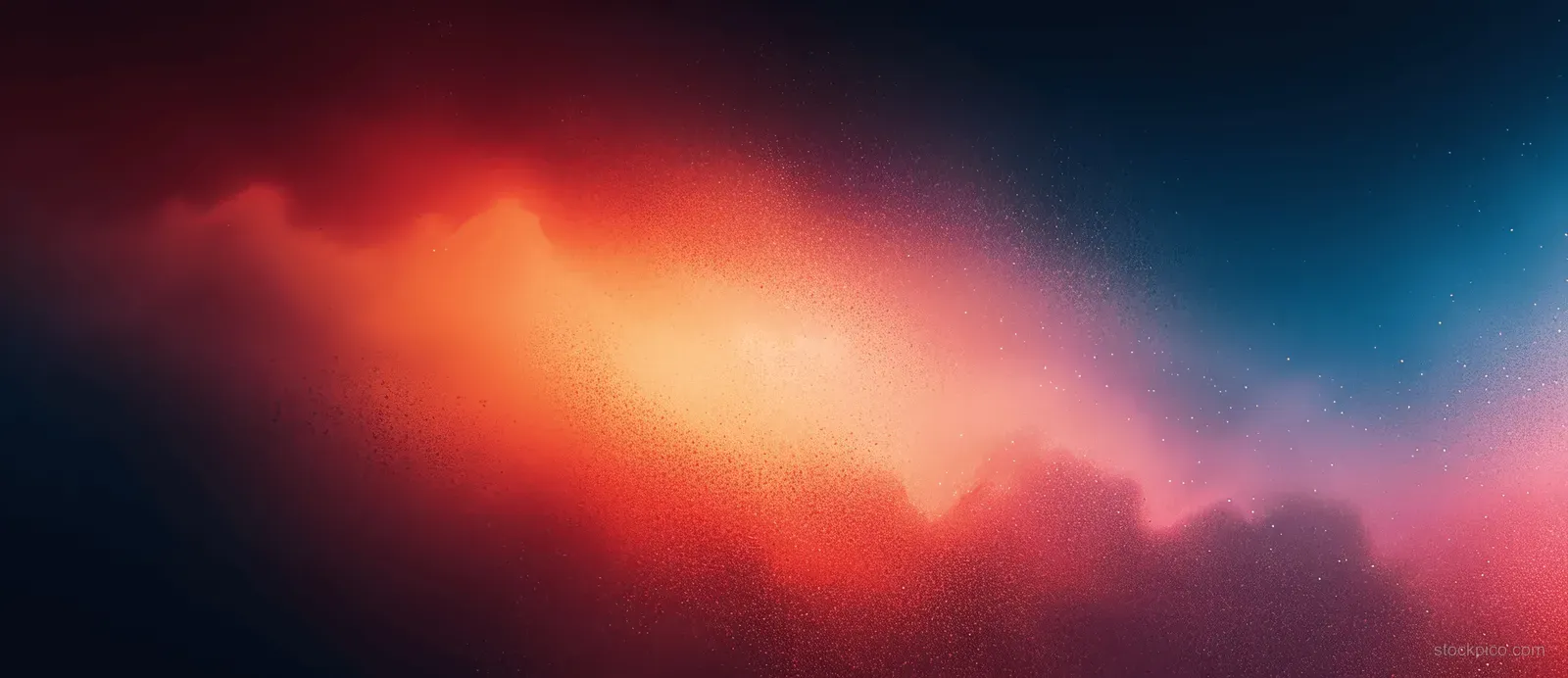 Grainy gradient background in dark orange, yellow, and blue with black noise speckles and smoky glow.