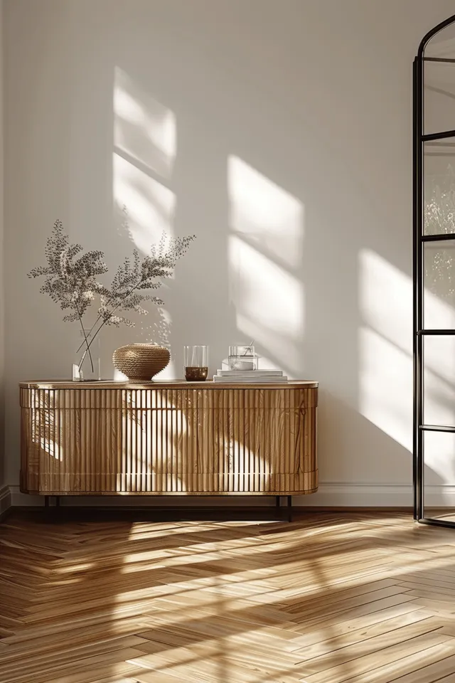 Minimalist wooden sideboard against a white wall with sunlight casting long shadows across the wooden floor.
