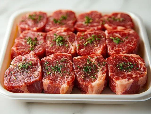 带有可见大理石纹理的生牛肉块放在塑料托盘中，外覆光亮包装并撒有香草碎片。