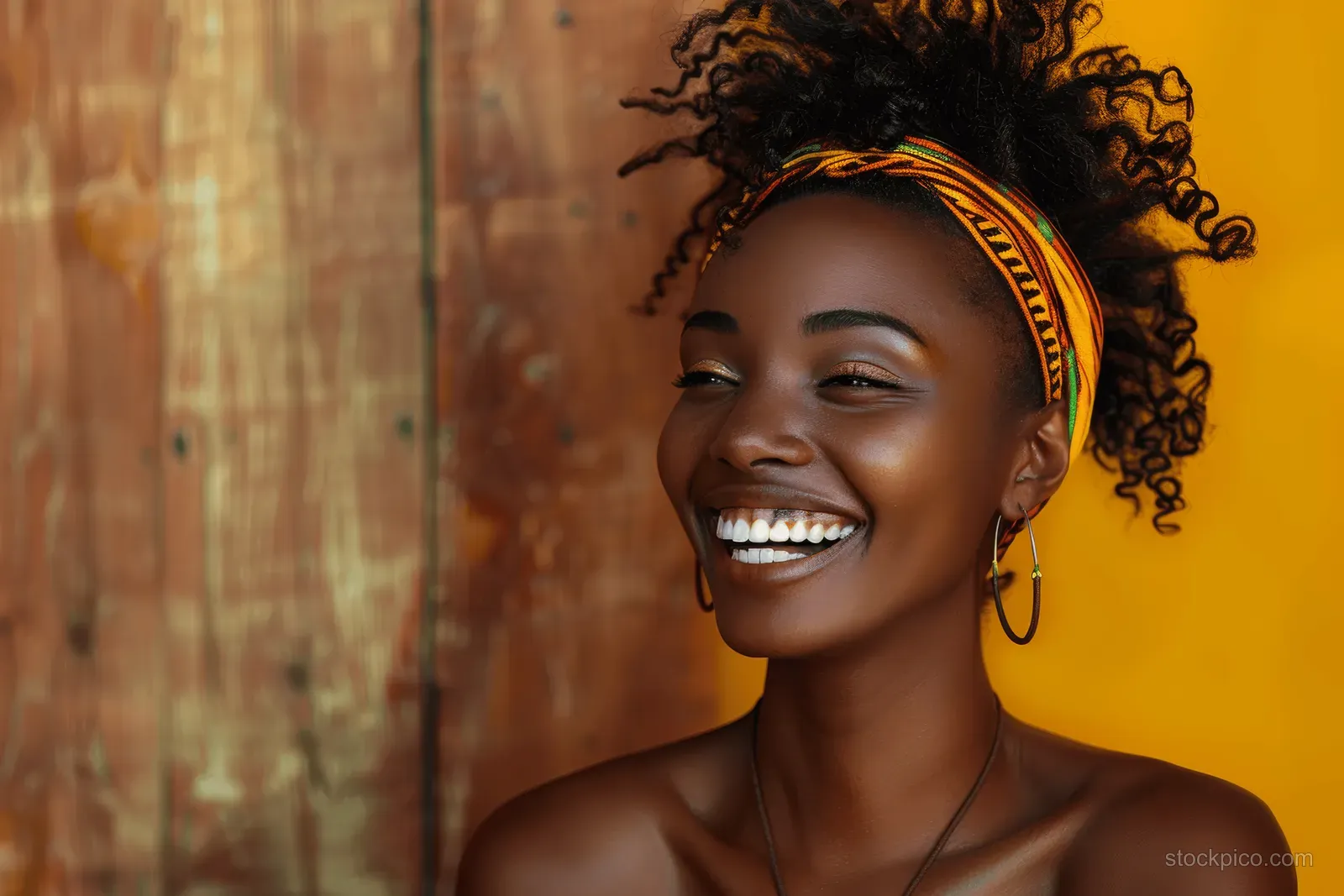 Smiling woman with afro curls and a leather headband posing against a warm brown wooden background.