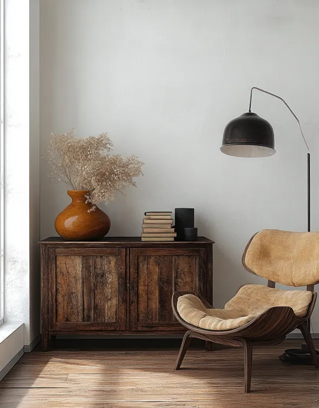 Rustic wooden cabinet and modern chair in a Scandinavian living room lit by a pendant lamp and window light.