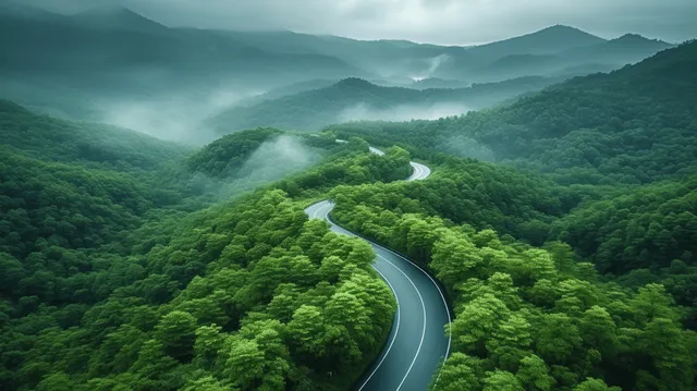 Drone aerial view of a curved road winding through dense green mountain forest mist