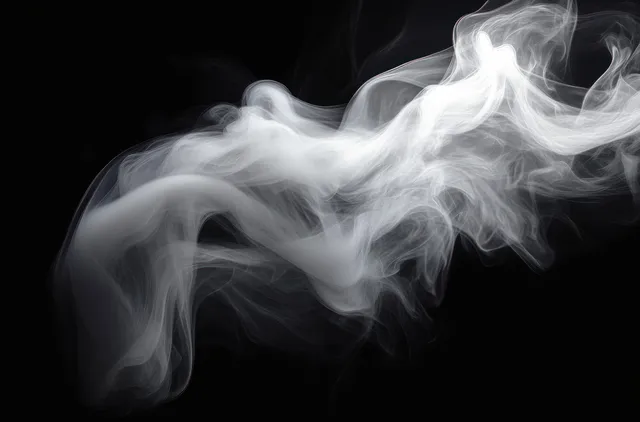 White smoke curls and swirls across a dark background, forming ghostly wisps