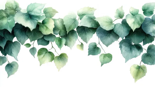 Heart-shaped green ivy leaves and vine tendrils create a border along the edges on a white background.