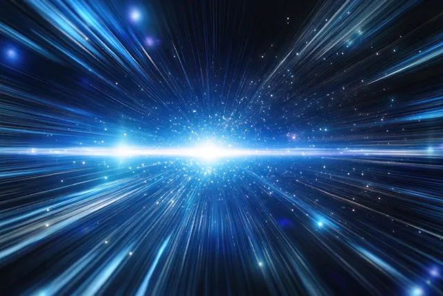 Blue and white light rays form a starburst in dark space with sparkling particles around a central glow.