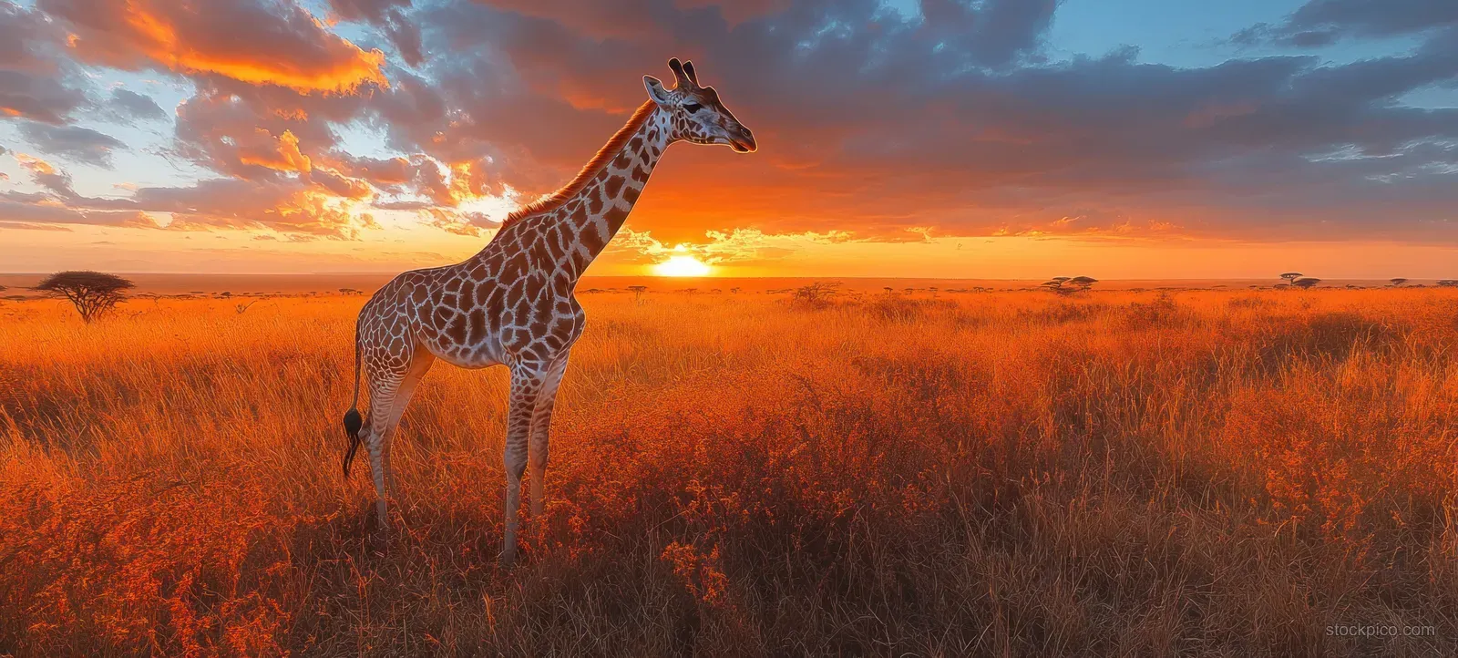 A giraffe stands in golden savanna grass under a vivid sunset sky with scattered clouds.