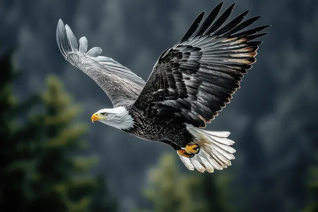 A bald eagle with wings spread soars past a softly blurred forest backdrop.