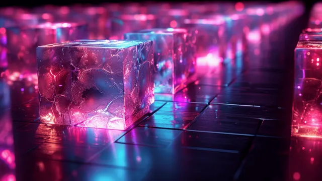 Futuristic geometric glass blocks with blue-violet light reflections on dark 3D background