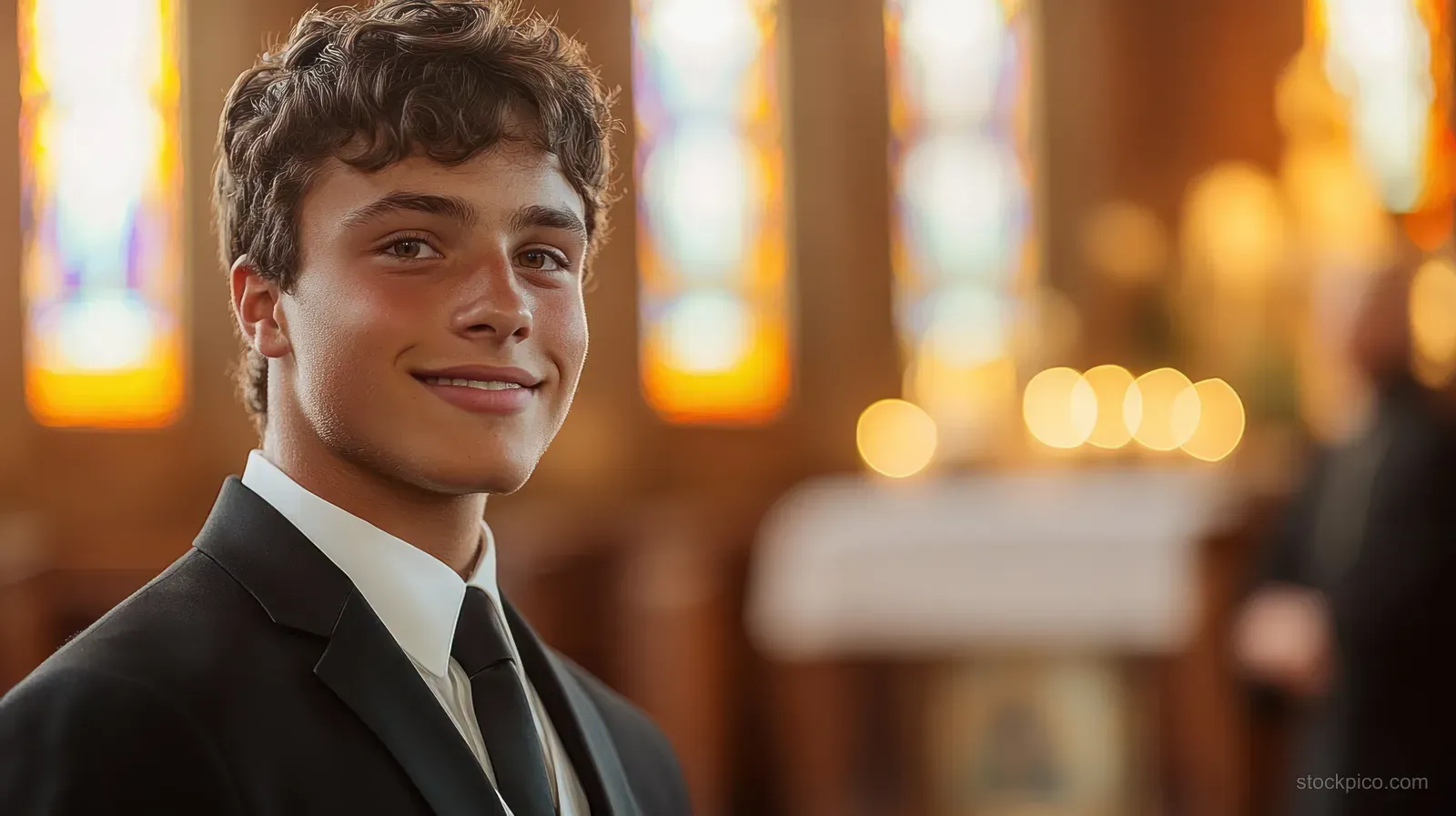 Young man in black suit and tie smiling inside a church, with stained-glass windows glowing in the background.