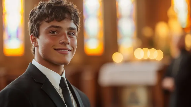 Young man in black suit and tie smiling inside a church, with stained-glass windows glowing in the background.