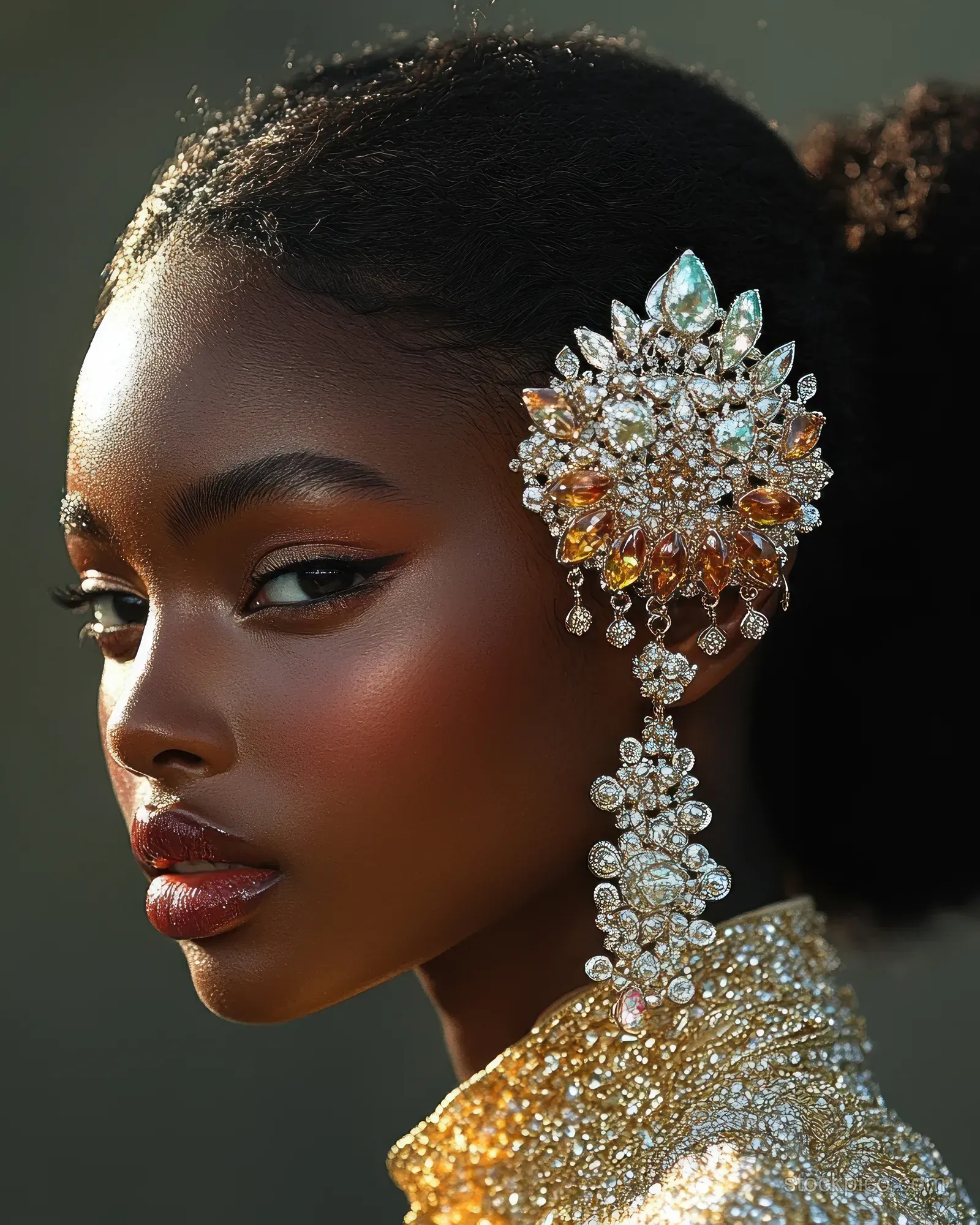 Woman’s ear close-up wearing ornate diamond chandelier earrings against a dark, softly blurred background.