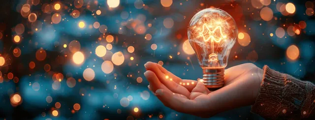Hands hold up a glowing light bulb hovering above them, surrounded by blue bokeh lights.
