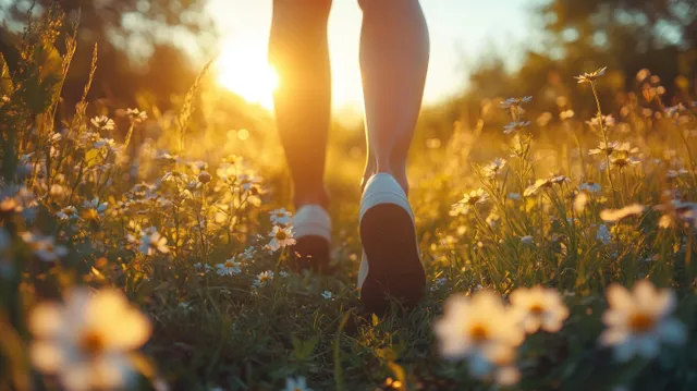 Sunlit meadow legs walking through wildflowers at golden hour