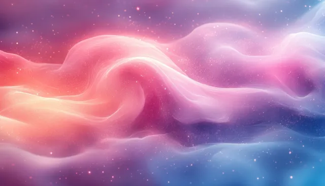 Pink and blue abstract gradient waves with soft glow and subtle light specks.