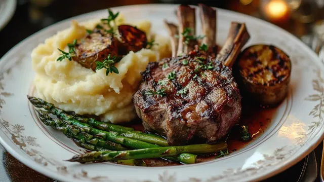 Grilled rack of lamb with mashed potatoes and green asparagus on a decorative plate under warm ambient light.