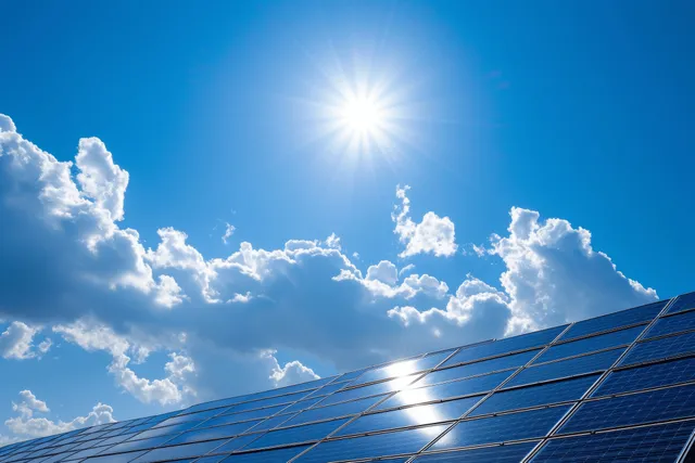 Solar panels on a power station under a bright sunlit blue sky with drifting clouds.