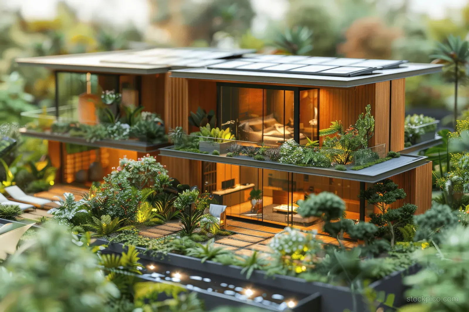 Miniature home model with rooftop solar panels, glowing windows, and landscaped greenery in a blurred garden.