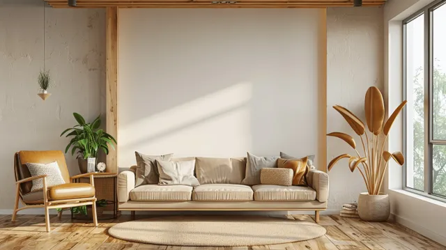 Scandinavian living room mockup with beige sofa, wooden floor, and large window pouring daylight.