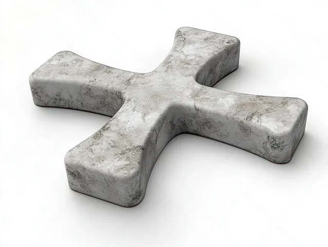 Weathered concrete cross symbol on white surface, textured edges and soft shadows