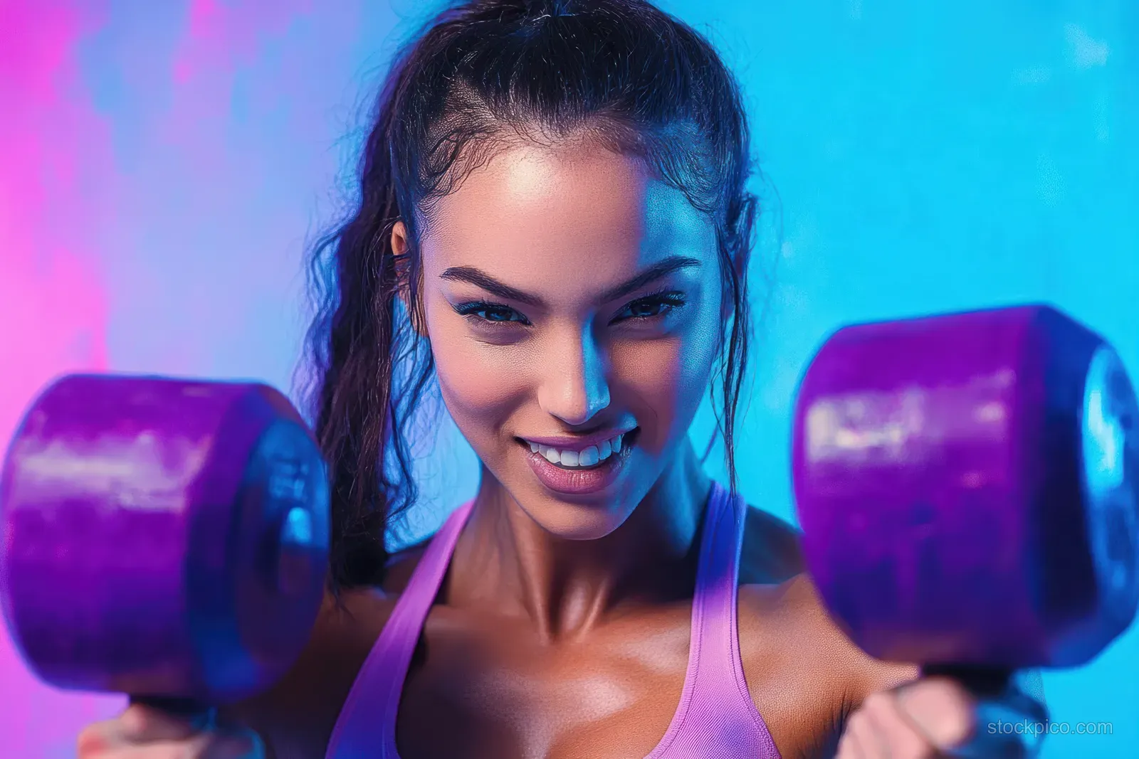Smiling young woman lifting purple dumbbells under blue and pink neon gym lighting.
