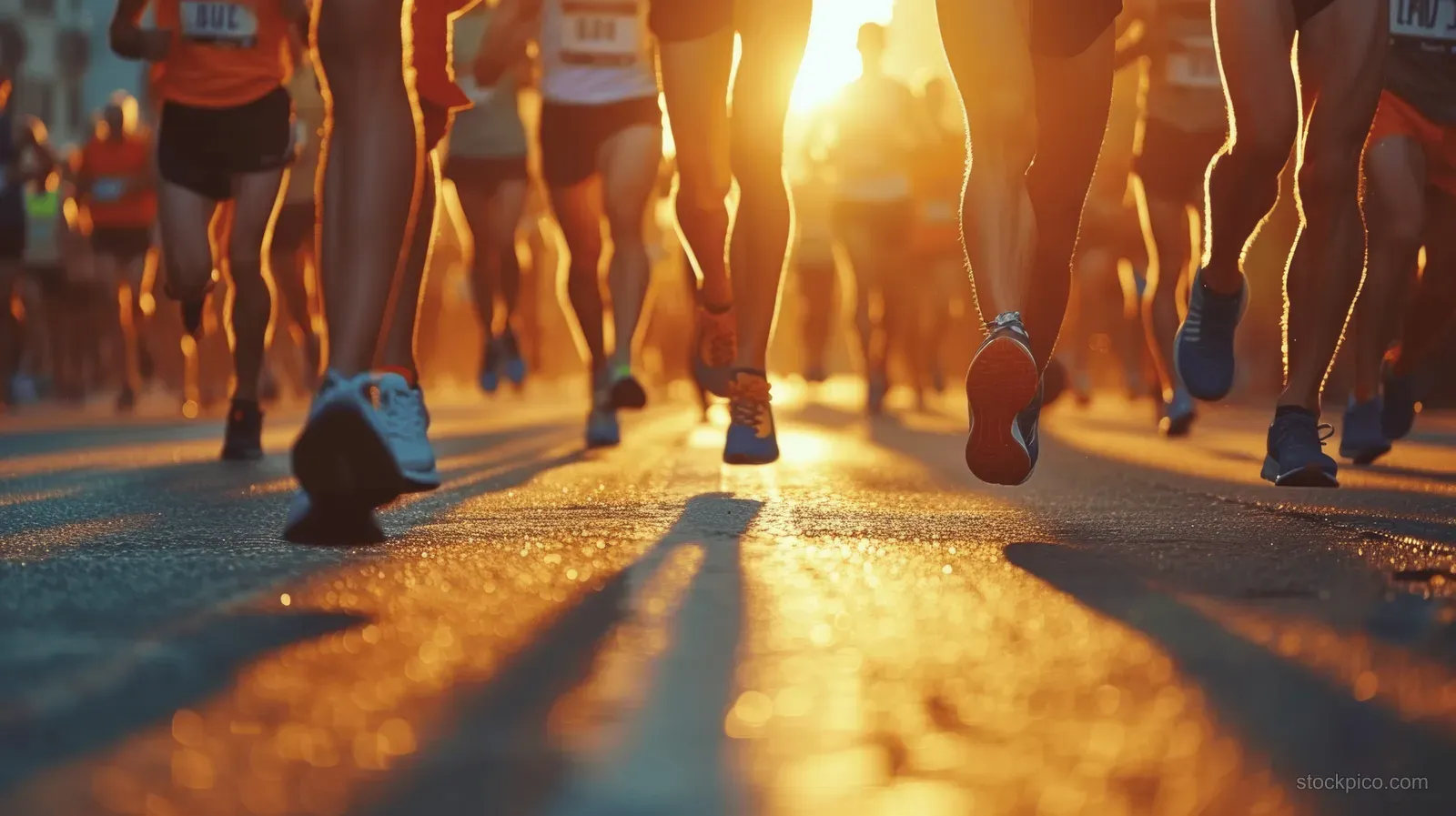 Marathon runners’ legs run on a sunlit city road with visible bibs and warm golden lens flare.