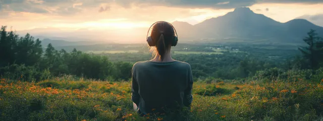 Woman wearing headphones sits on a mountain slope watching a sunset over distant hills and misty valley.