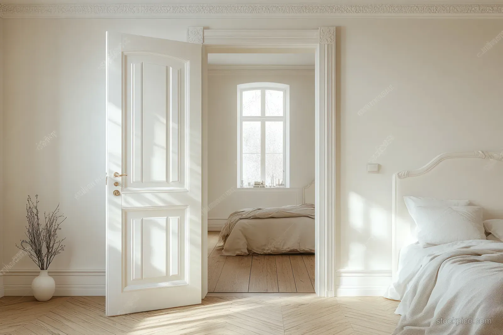 Minimalist Scandinavian bedroom interior with an open white door, bed, and soft sunlight across pale wooden floors.