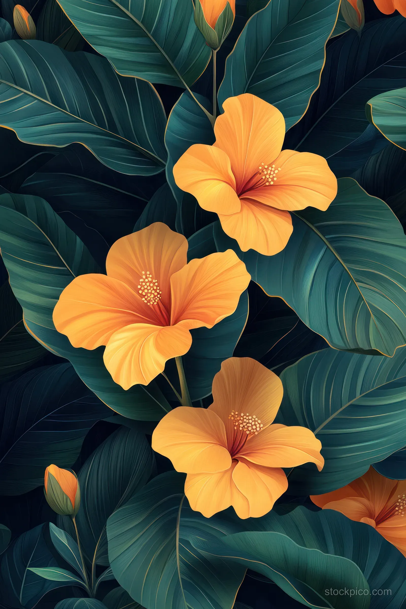 Orange-yellow hibiscus flowers and dark green leaves fill the frame in a stylized tropical botanical composition.