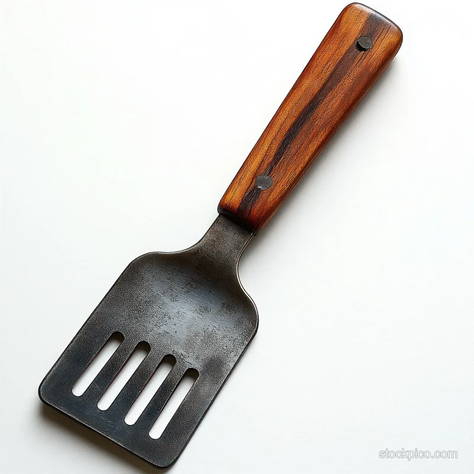 Metal spatula with a dark wooden handle lies diagonally on a clean white background.