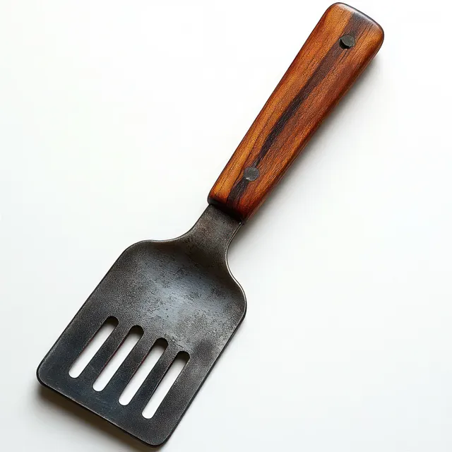 Metal spatula with a dark wooden handle lies diagonally on a clean white background.