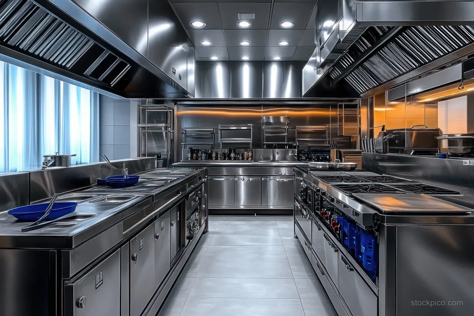 Stainless steel commercial kitchen aisle with large stovetops, ventilation hoods, and organized prep counters.