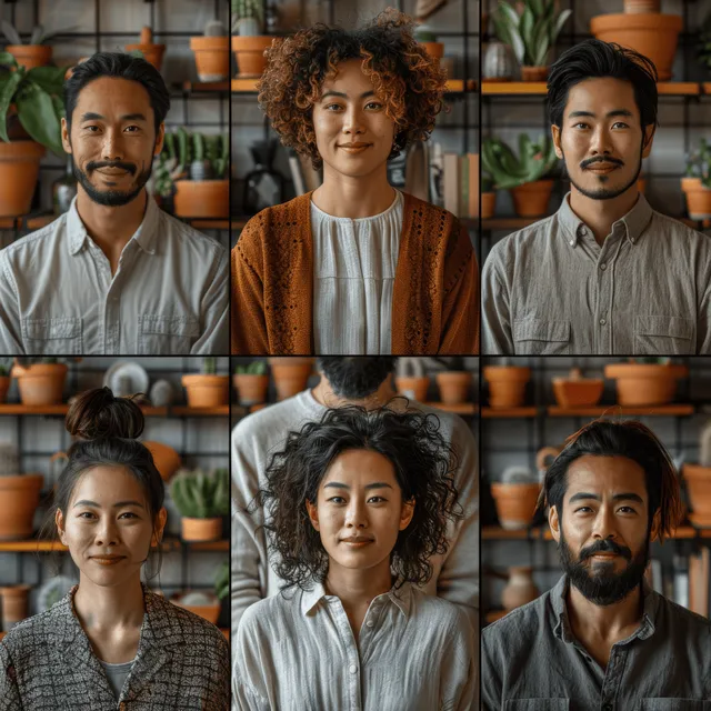 Three portrait panels of people with varied hairstyles standing before shelves of potted plants indoors.