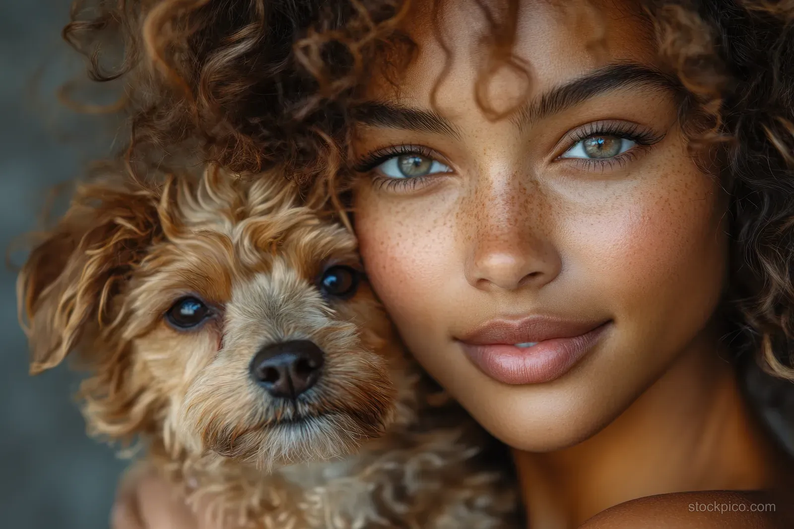 A curly-haired woman cuddles a poodle close to her face in a softly lit studio portrait.