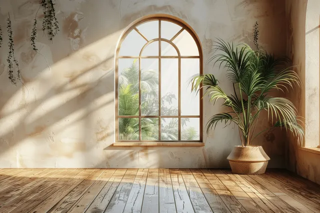 Empty minimalist room with beige walls, arched window, warm daylight, wooden floor