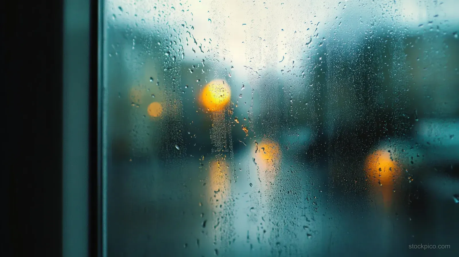 Condensation droplets cover a winter double-glazed window pane, showing moisture on the glass surface.