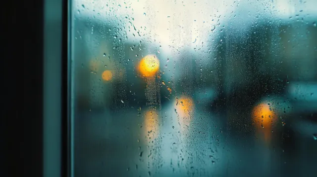 Condensation droplets cover a winter double-glazed window pane, showing moisture on the glass surface.