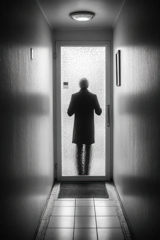 Silhouetted figure waiting at a frosted glass door in a narrow dim hallway