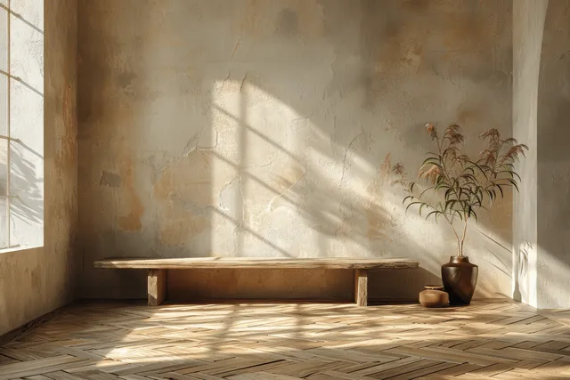Sunlit minimalist interior with rustic wall, wooden bench, and potted plant casting long shadows