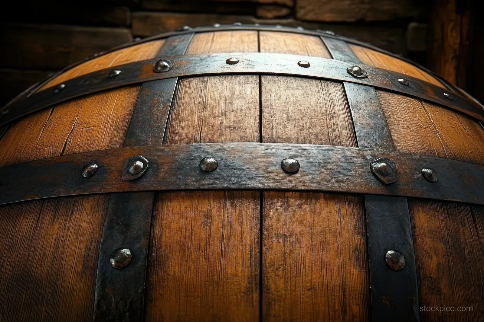 Close-up of an aged wooden barrel with rusted metal bands and bolts against a dim rustic wooden background.