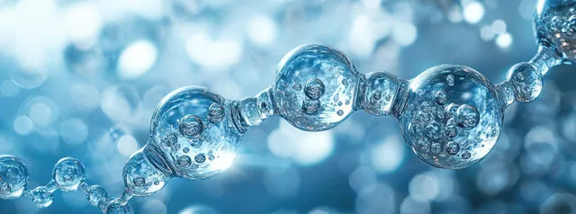 Transparent blue water molecules linked in a chain with tiny bubbles inside, shown on a softly blurred blue background.