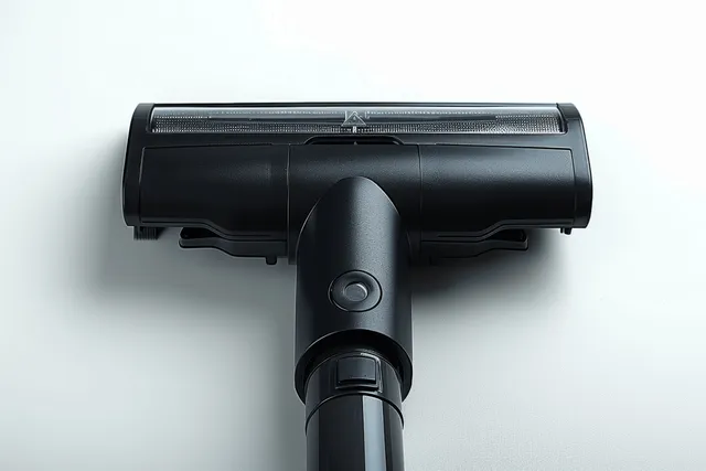 Black vacuum floor nozzle with open brush cover shown in close-up on a white background.