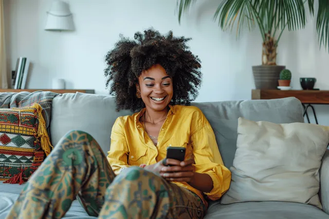 Young woman in a yellow shirt sits on a sofa at home, holding a smartphone and smiling in a bright living room.