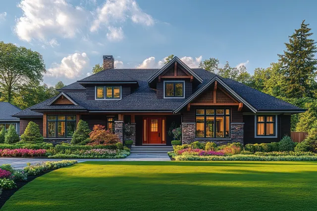 Modern suburban house with stone and wood facade, landscaped lawn, flowerbeds, and a front walkway under partly cloudy skies.