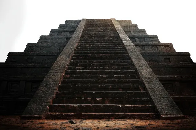 Low-angle view of a stepped stone pyramid with dark masonry tiers, central staircase, and bright sky above.