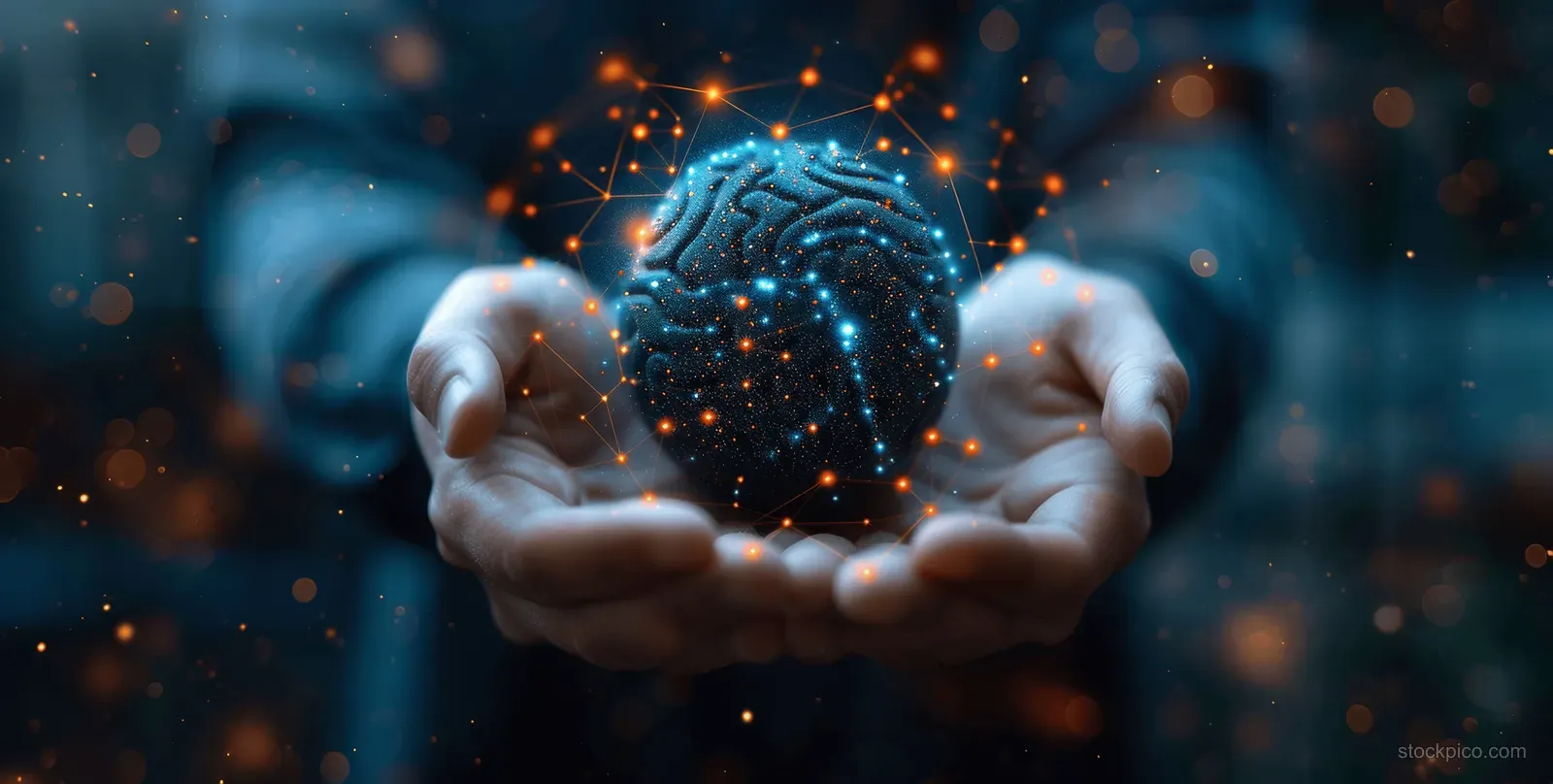 A businessman holds a glowing AI sphere in cupped hands against a dark blurred background.
