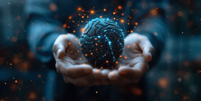 Businessman Presenting Glowing AI Sphere in Dark Futuristic Office