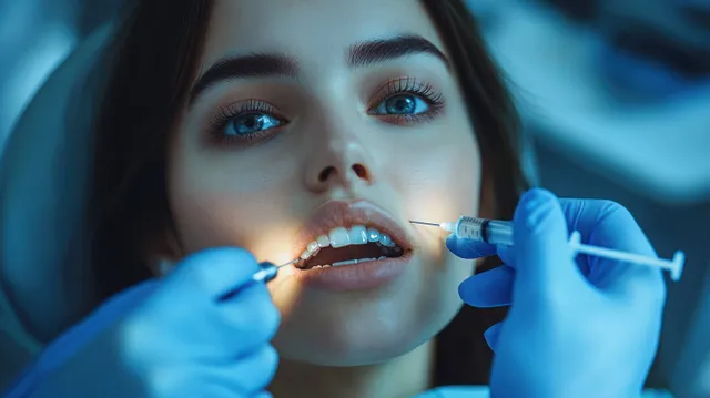Dentist gloved hands hold a syringe and tools while a young woman keeps her mouth open in a dental clinic.