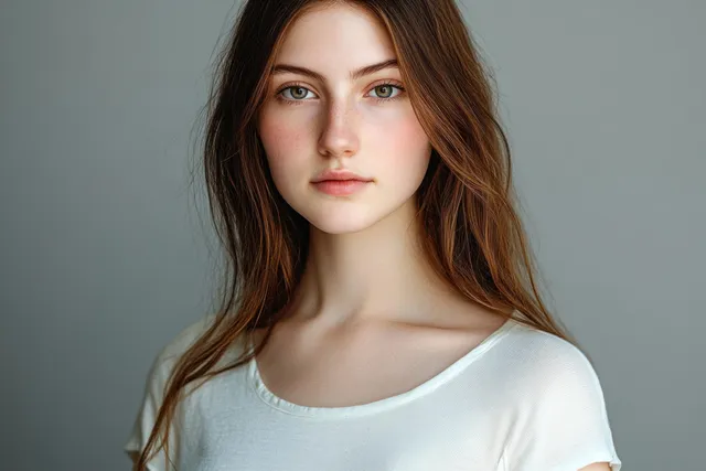 Portrait of young woman in white shirt with serious expression in minimalist studio lighting